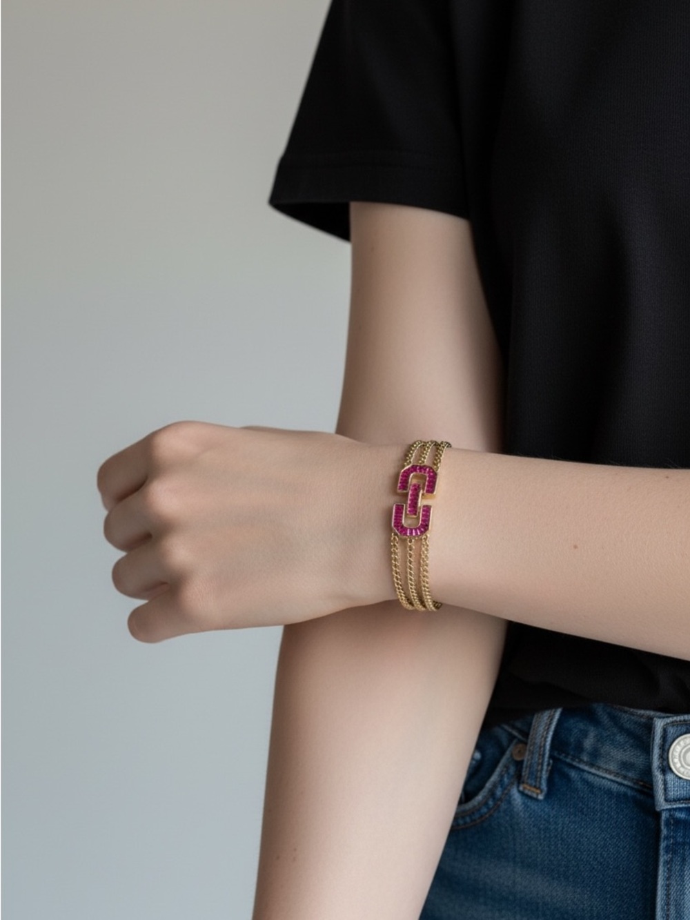 9/17 Gold Multi-Chain Bracelet with Pink Gem Link